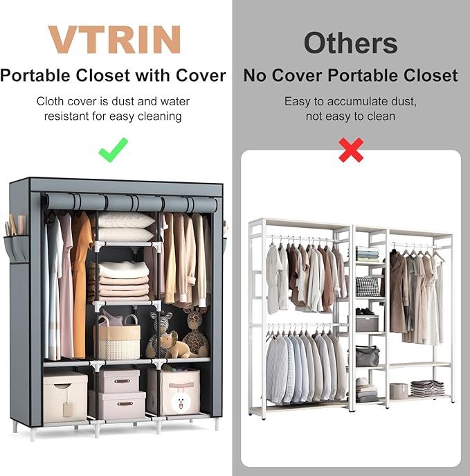 VTRIN Portable Closet Wardrobe for Hanging Clothes with 2 Hanging Rods and 8 Storage Organizer Shelves,Sturdy Large Wardrobe Closet for Bedroom Free Standing Clothes Rack with Cover,Grey