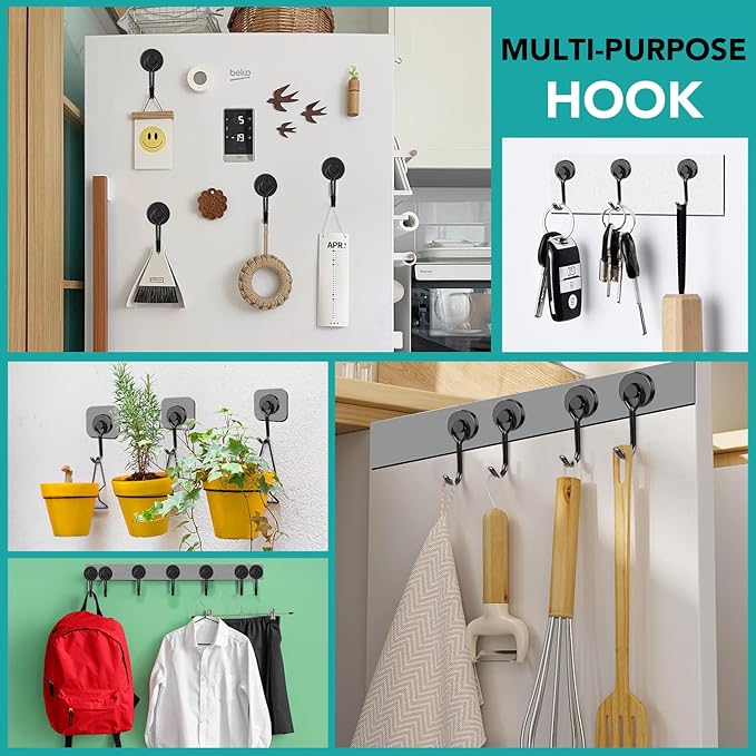 DIYMAG Black Magnetic Hooks, 40LBS Strong Magnetic Hooks Heavy Duty, Strong Magnet Hooks with Metal Hanger for Hanging Refrigerator Home Kitchen Office, 4Pack