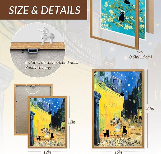 FASWQ Whimsical Black Cat Wall Art, Van Gogh Matisse Picasso Wall Decor, Funny Bathroom Canvas Paintings, Cute Animal Aesthetic Pictures for Living Room Kids' Room Wood Framed Ready to Hang 16"x24"x3