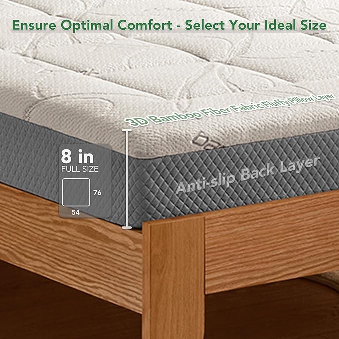 8 Inch Full Memory Foam Mattress- CertiPUR-US Certified Foam Mattress in a Box -Medium Firm Support for Pressure Relief with Washable Bamboo Fiber Cover for Kids Single Bunk Trundle Bed