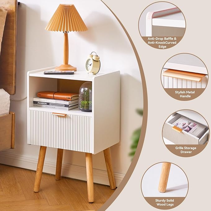 Nightstand with Storage Drawer, Modern Bedside Table with Liner Drawer and Solid Wood Legs, Small End Table with 2-Tier Storage, White YD-TM061W