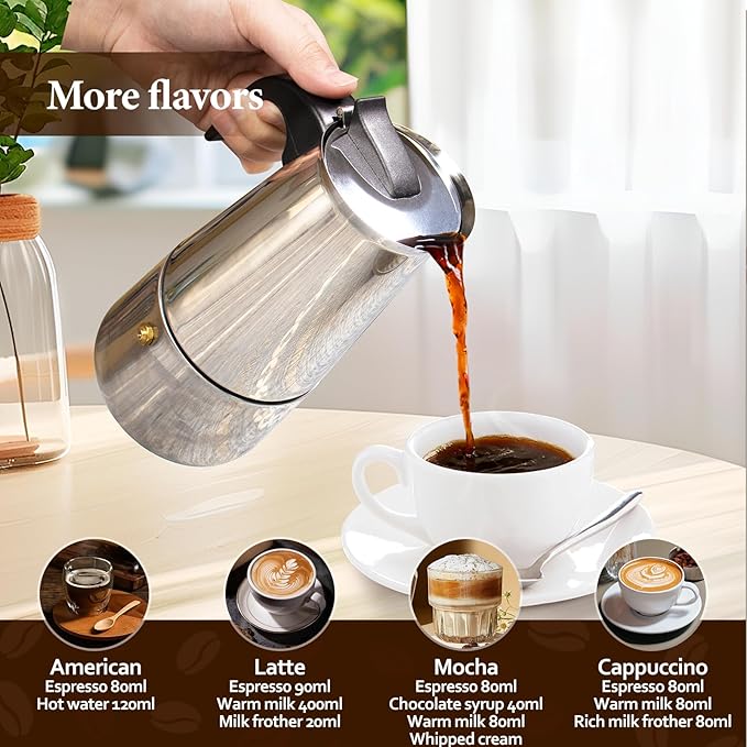 9 Cup Moka Pot Percolator Italian Coffee Maker 450ml Stovetop Espresso Mocha Stainless Steel Greca Coffee Maker Classic Cafe Makers Suitable for Induction Cookers Ceramic Stoves Straight