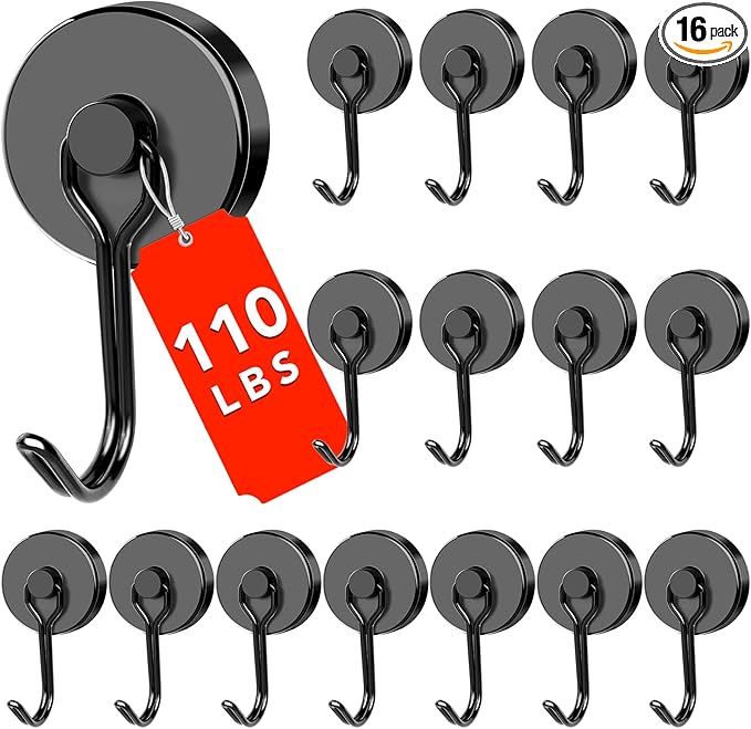 DIYMAG Black Magnetic Hooks, 110LBS Strong Magnetic Hooks Heavy Duty, Strong Magnet Hooks with Metal Hanger for Hanging Refrigerator Home Kitchen Office, 16Pack