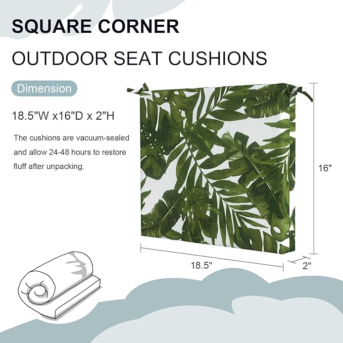 Set of 4 Outdoor Square Chair Cushions 18.5"x16"x2" for Patio, Water Resistant Patio Dining Seat Pads Replacement for Kitchen Garden and Outdoor Furniture Decoration - Palm Green