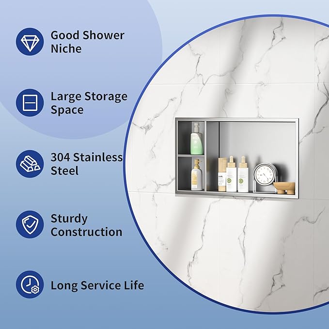 Stainless Steel Shower Niche 24" X 12" Brushed No Tile Needed Wall Niche with Shelf Recessed Horizontal Niches for Bathroom Storage Over Mount Installation
