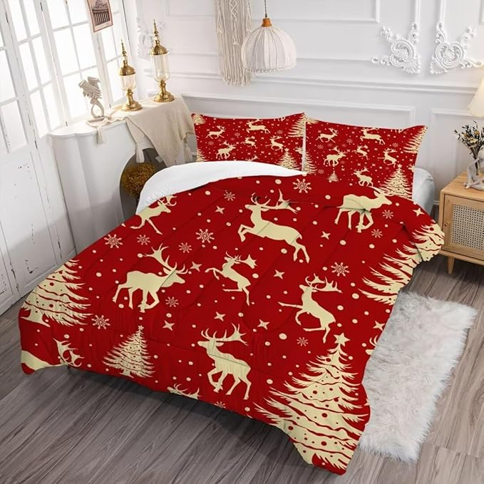 Red Christmas Elk Comforter Set King Cute Reindeer Snowflake Christmas Quilt 3 Piece Soft Christmas Comforter for All Seasons Kids Christmas Bedding Set with 1 Comforter + 2 Pillowcases