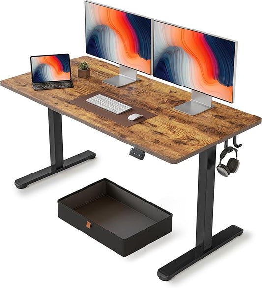 FEZIBO 55 x 24 Inches Standing Desk with Drawer, Adjustable Height Electric Stand up Desk with Storage, Sit Stand Home Office Desk, Rustic Brown