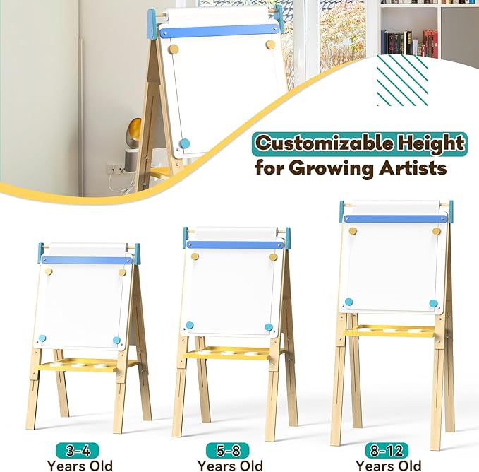 Art Easel for Kids 12 in 1 with Chalkboard & Magnetic Whiteboard - Height Adjustable, Frameless Design, Includes Paints, Brushes, Markers, Chalk, Eraser, Magnetic Letters, Paper Roll, and Storage Tray