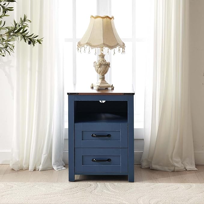 Farmhouse Nightstand with Charging Station & Drawers, Blue Wood Bedside Table, End Table with 2 Storage Drawers & USB Ports for Bedroom, Dorm，Blue