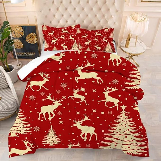 Red Christmas Elk Comforter Set King Cute Reindeer Snowflake Christmas Quilt 3 Piece Soft Christmas Comforter for All Seasons Kids Christmas Bedding Set with 1 Comforter + 2 Pillowcases