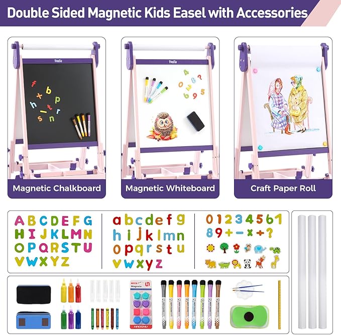 FUNLIO Foldable Anti-Warping Kids Art Easel, All-in-One for Kids Aged 3-8 with Paper Roll, 3 Height Adjustable Toddler Easel, Standing Easel with Magnetic Chalkboard/Whiteboard - Purple Foldable