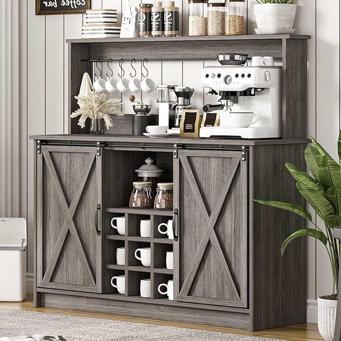 Farmhouse Coffee Bar Cabinet with 9 Wine Racks and 6 Hooks, 47 Inch Wine Bar with Storage, Buffet Cabinet Adjustable Shelves, Kitchen Buffet Cabinet for Dining Living Room, Grey Living Room, Grey
