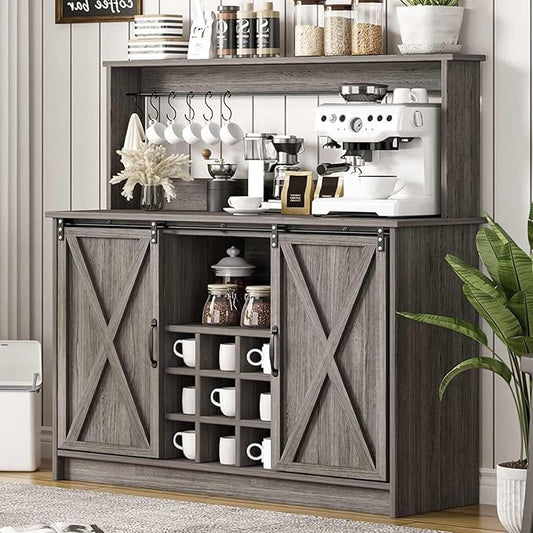 Farmhouse Coffee Bar Cabinet with 9 Wine Racks and 6 Hooks, 47 Inch Wine Bar with Storage, Buffet Cabinet Adjustable Shelves, Kitchen Buffet Cabinet for Dining Living Room, Grey Living Room, Grey
