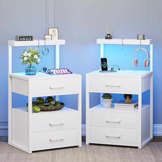 VIAGDO Nightstands Set of 2 with LED Lights, 3 Drawers Night Stands with Charging Station, White Bedside Tables with Storage Shelves, Modern End Side Tables for Bedroom, Office