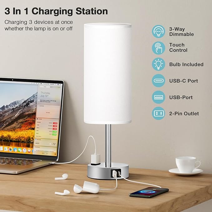 White Touch Bedroom Table Lamp - 3 Way Dimmable Bedside Lamp USB C A Charging Ports and AC Outlet, Small Lamp Nightstand with Silver Base for Living Room, Office Desk, LED Bulb Included