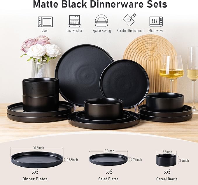 GBhome Ceramic Dinnerware Sets for 6, Matte Stoneware Plates and Bowls Sets,Chip and Scratch Resistant Dishes, Dishwasher & Microwave Safe, Oven safe,Reactive Glaze-Black