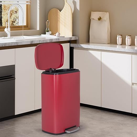 BestOffice 13 Gallon (50L) Trash Can with Soft-Close Foot Pedal, Fingerprint Proof Stainless Steel Can for Kitchen, Home, Office, Bedroom, Bathroom, Red
