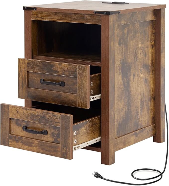 Farmhouse Nightstand with Charging Station & Drawers, Brown Wood Bedside Table, End Table with 2 Storage Drawers & USB Ports for Bedroom, Dorm，Brown
