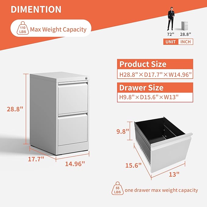 2 Drawer File Cabinet with Lock,Metal Filing Cabinets for Home Office,Steel Vertical File Cabinet,Heavy Duty Metal Storage Cabinet for A4/Letter/Legal Size Files,Assembly Required
