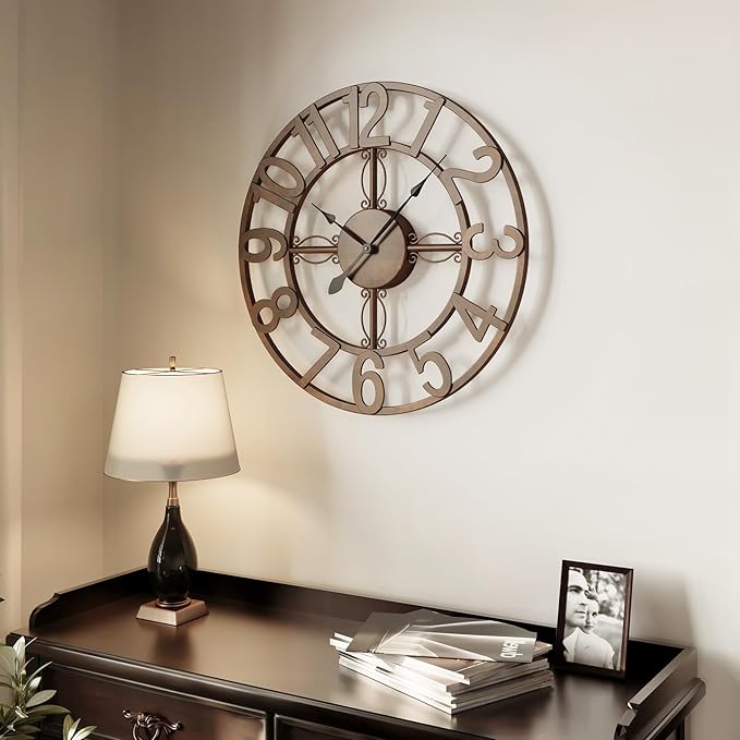 Wall Clock, 16 Inch Bronze Metal Wall Clock Silent Non-Ticking Battery Operated, Large Round Retro Arabic Numerals Analog Decorative Clocks for Living Room Kitchen Mantel Office