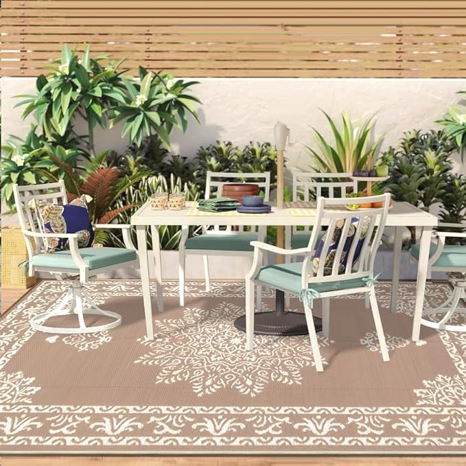 Yamaziot Outdoor Rug 5x8 Ft, Waterproof Plastic Straw Patio Rug, Reversible Backyard Carpet UV Resistant Portable RV Mat Clearance, Large Indoor Outdoor Rug for Patio, Porch, Deck, Balcony, Brown