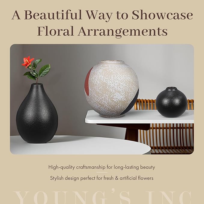 Young's Inc Stoneware Vase with Wax Resist Design – Elegant Decorative Flower Vase for Shelves, Tables & Gifting, 6.1” Tall