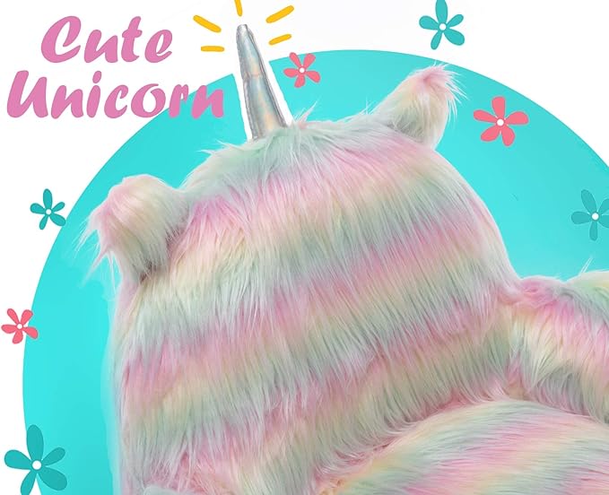 Cute Unicorn Kids Desk Chair with Arms, Swivel Rolling Ergonomic Computer Chair for Girls' Reading and Study, Rainbow Faux Fur Vanity Desk Chair