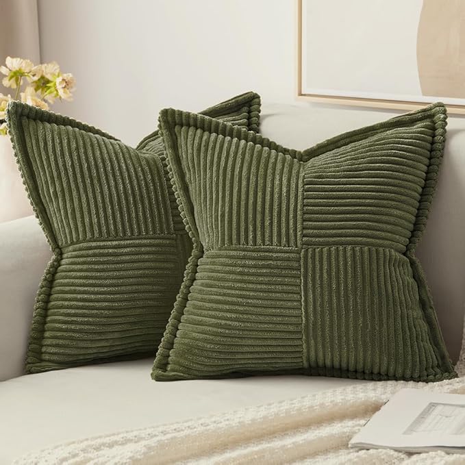 MIULEE Decorative Throw Pillow Covers for Couch Bed Livingroom 20x20 Inch Set of 2 Olive Green Boho Accent Throw Pllows Broadside Striped Patchwork Soft Corduroy Summer Pillowcases