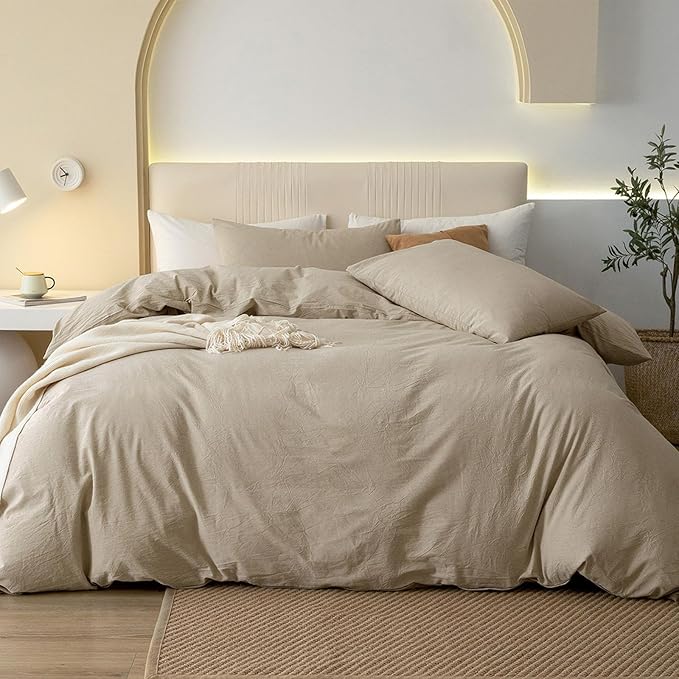 JIYUAN 100% Washed Cotton Duvet Cover Set 3 Pieces Cal King, 1 Duvet Cover 104x98 Inches(Comforter Not Included) and 2 Pillowcases,Linen Feel Bedding Set Comfy and Breathable, Heathered Tan
