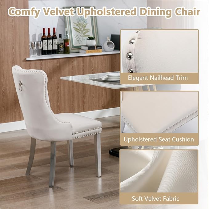 Goujxcy 5 Piece Glass Dining Table Set Modern Glass Dining Table Set for 4, 51" Rectangular Kitchen Table and 4 Velvet Upholstered Chairs for Kitchen Dining Room, Silver Table & Beige Chair