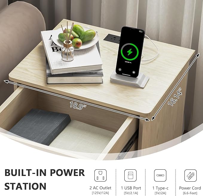 Night Stand with Charger Station, Modern Nightstand with USB Type-C Ports and AC Outlets, Large Bedside Table with Drawer and Open Storage, Wooden End Table for Bedroom (Natural, 1 Drawer)