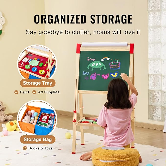 VEVOR Art Easel for Kids, 3-in-1 Wooden Double-Sided Kid's Art Easel with Magnetic Whiteboard, Chalkboard, Paper Roll, Adjustable Standing Drawing Board with Painting Accessories, Storage for Boy Girl
