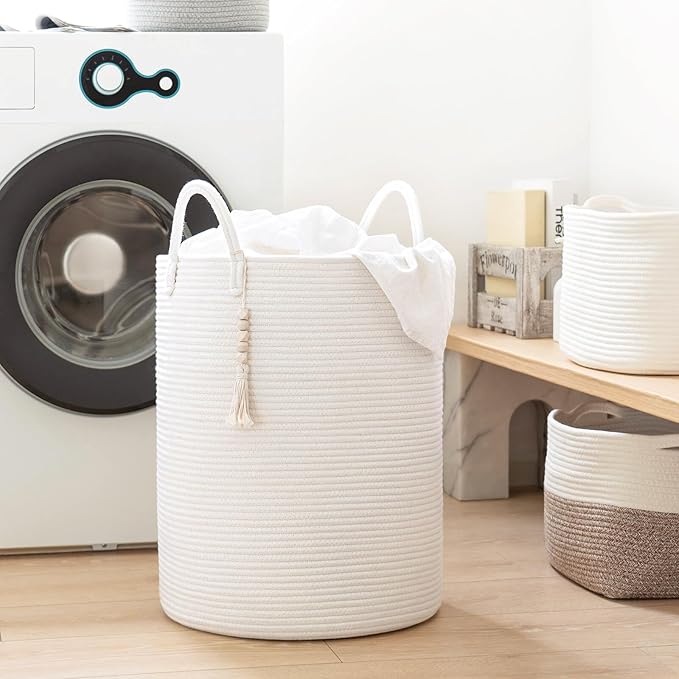 Goodpick White Laundry Basket with Handles, Tall Woven Laundry Hamper for Clothes, Towels, Pillows, Toys, Decorative Blanket Basket for Living Room, Bedroom, Playroom, 16 x 20 inches