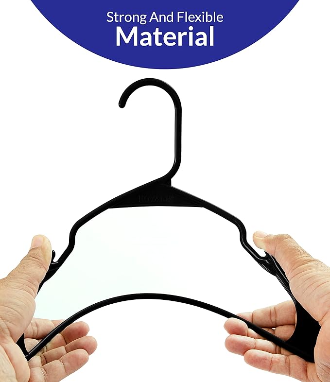 Royale Linens 20 Pack Black Plastic Hangers for Clothes - Heavy Duty Clothes Hanger for Everyday Use - Lightweight & Space Saving Notched Plastic Hangers