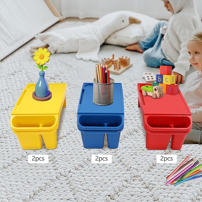 Set of 6 Kids Lap Desk Tray, Portable Activity Table, Plastic, Stackable for Drawing, Writing, Eating, Classroom, 19.69" L x 9.84" W x 7.09" H (Red, Blue, Yellow)