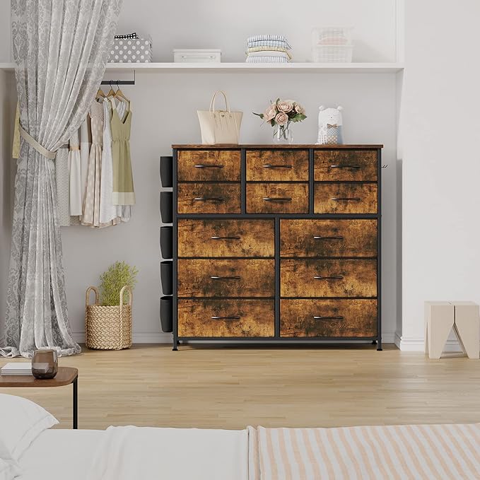 Dresser for Bedroom with 12 Drawers, Tall Dresser Chest of Drawers with 5 Side Pockets and Hooks, Wooden Top Fabric Dresser Storage Tower for Closet, Hallway, Living Room, Rustic Brown