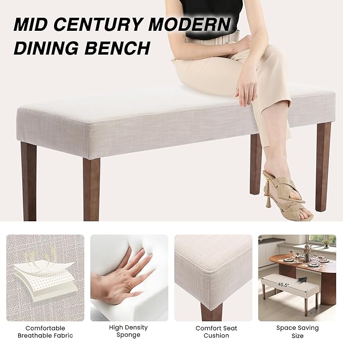 LIVINOVA Farmhouse Upholstered Dining Bench Seat Set of 2, 45" Linen Fabric Entryway Bench with Natural Wood Legs, Mid Century Modern End of Bed Bench for Kitchen Bedroom Living Room Hallway, Beige