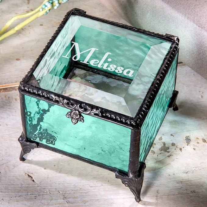 Personalized Engraved Jewelry Box Decorative Vanity Display Stained Glass Keepsake - J Devlin Box EB217-1 (Windsor Blue)