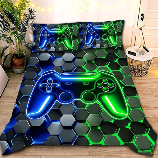 NTBED 3D Gaming Comforter Set for Boys Kids Teens,5pcs Gamer Bedding Sets with Sheet,Game Console Bed in a Bag (Blue Green, Twin)
