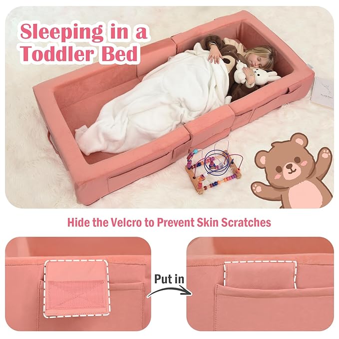 ENITYA Toddler Travel Bed, Folding Floor Cot for Travel, Portable Kids Bed for Sleeping, Washable Toddler Cot for Children 18M – 5yr Old, Pink