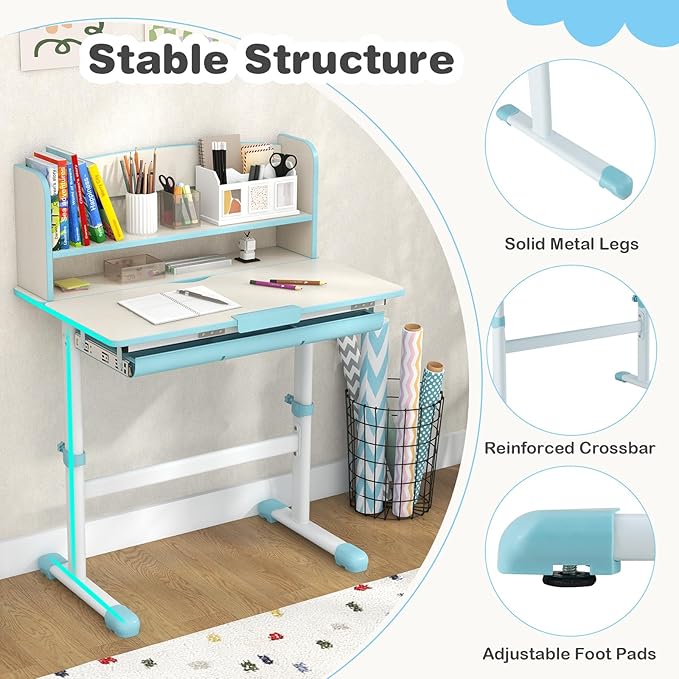 Costzon Kids Desk, Height Adjustable Children Study Desk with Tilt Desktop, Storage Drawer, Hutch, Scale Ruler, Student Writing Table School Desk for Boys Girls Bedroom, Desk for Kids (Blue)