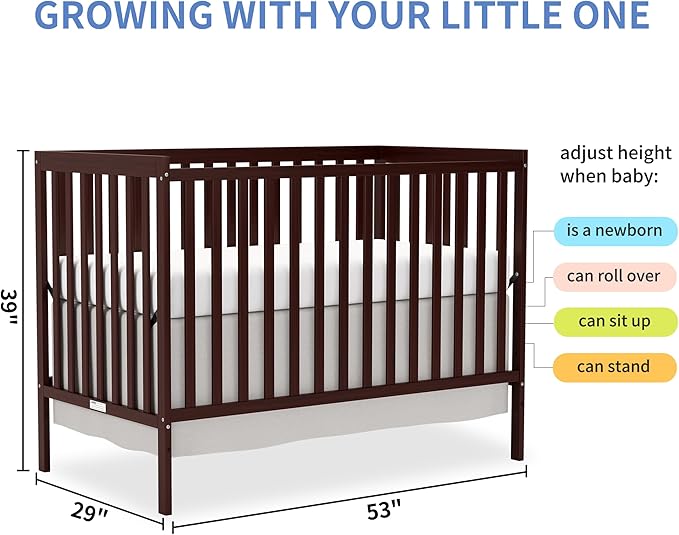 Baby Crib 5-in-1 Convertible, Wooden Nursery Cribs Converts to Toddler Bed, Daybed and Full Size Bed, 3 Adjustable Base, Non-Toxic Finish (Espresso)