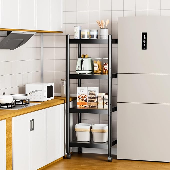 VETALLO 4 Tier Metal Shelving Unit Storage Shelves Rack Utility Small Stand Shelf Cart Organizer On Wheel for Home Kitchen,Garage,Narrow Pantry,Closet,Laundry,Bathroom(15.7" L x 11.8" W x 41.7" H)