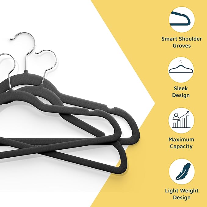 Velvet Clothes Hangers – With 360 Degree Swivel Hook and Non-Slip Shoulder Notch, Holds Up To 10 lbs, Heavy Duty Hanger Set, For Organizing Suit, Dress, Coat, and Clothes, Pack of 10, Black
