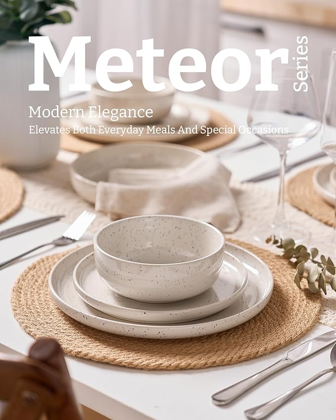 Famiware Meteor Plates and Bowls Sets for 4, 12 Pieces Dinnerware Sets, Microwave and Dishwasher Safe Dishes Set, Creamy White