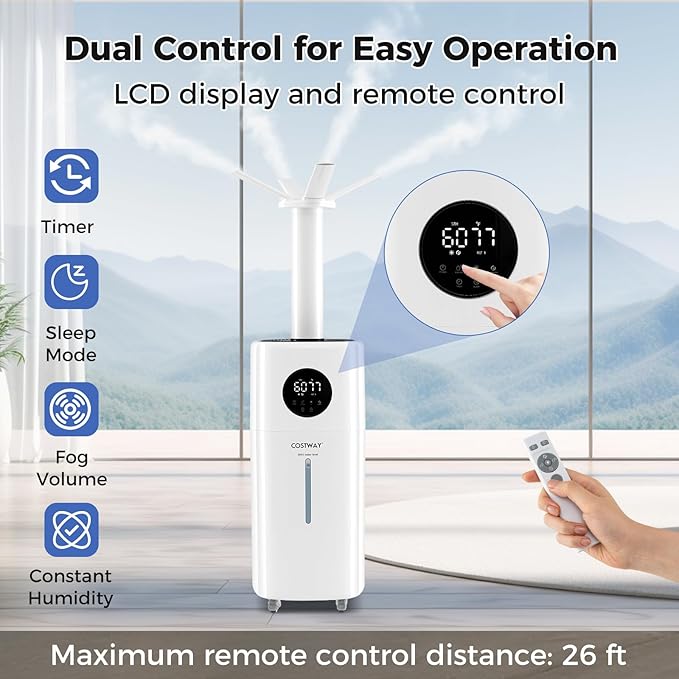 COSTWAY 21L Humidifier for Large Room, 5Gal Whole House Ultrasonic Humidifier with 3 Mist Levels, Extension Tube, 360° Nozzles & Remote Control, Top Fill Commercial Humidifier with Wheels for Home