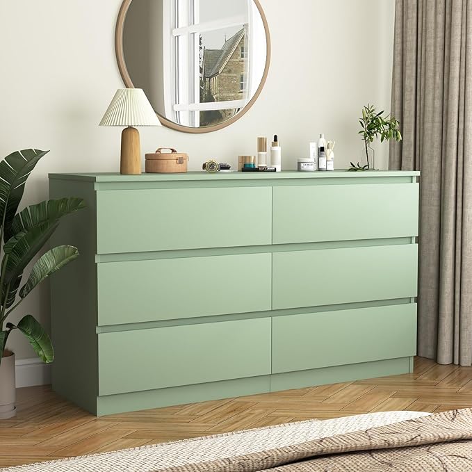Green Dresser for Bedroom, Modern Large 6 Drawer Dresser with Deep Drawer,Wide Storage Chest of Drawers,TV Stand for Living Room