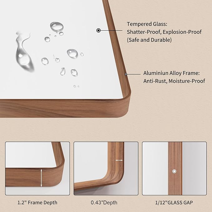 LOAAO 30X30 Bathroom Mirror with Wood Grain Colored Metal Frame, Rounded Rectangle Metal Framed Bathroom Mirror, Anti-Rust, Hangs Horizontally or Vertically