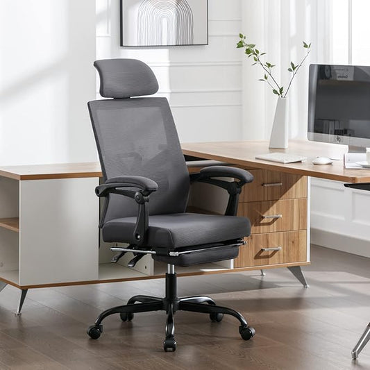 Qulomvs Mesh Ergonomic Office Chair with Footrest Home Office Desk Chair with Headrest and Backrest 90-135 Adjustable Computer Executive Desk Chair with Wheels 360 Swivel Task Chair