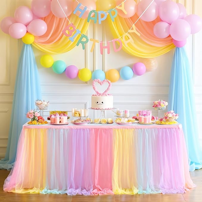 Suppromo Rainbow Table Skirt for Birthday Party 6ft Unicorn Tulle Tutu Table Skirt for Baby Shower Girl Boy Gender Reveal Rainbow Tablecloth Desk Skirt for Unicorn Party Decorations(L6(ft) H 30in)
